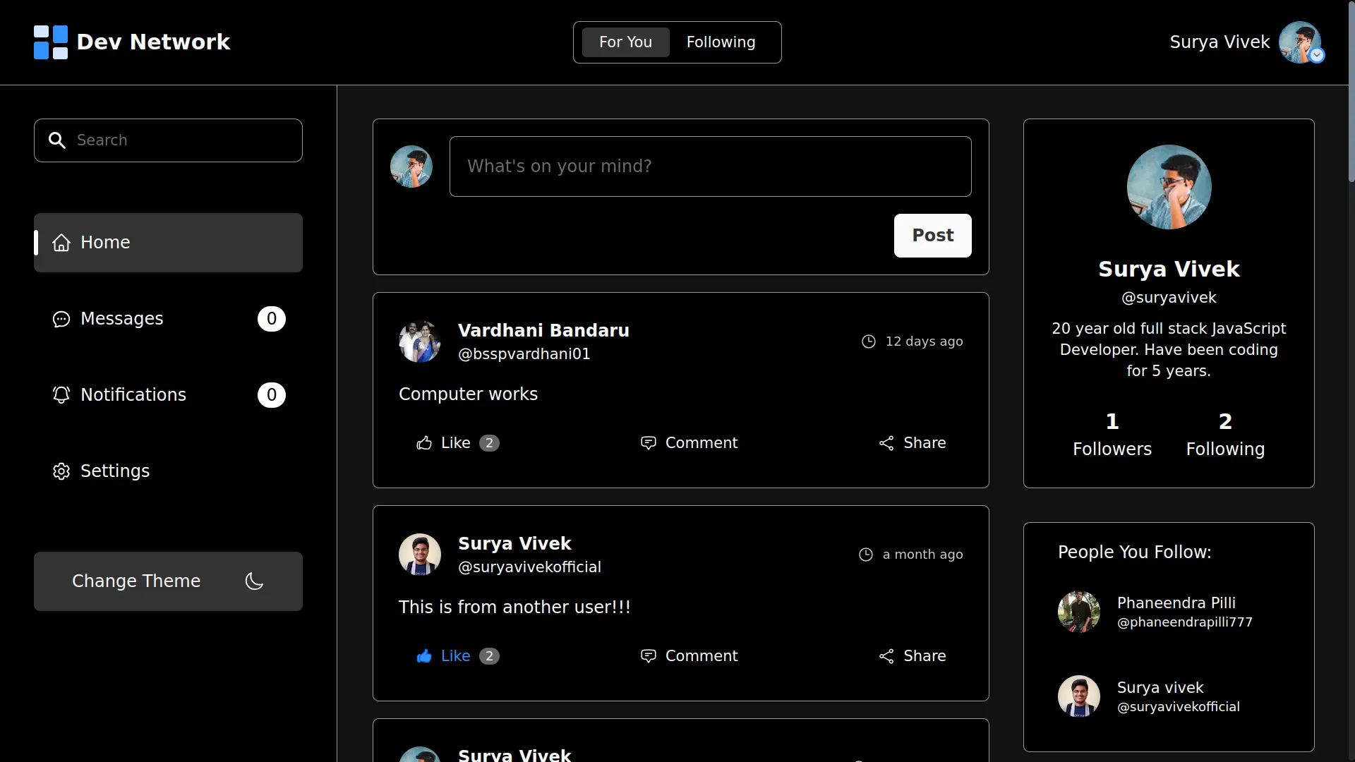 A social media app excusively for developers to post stuff and chat with one another.